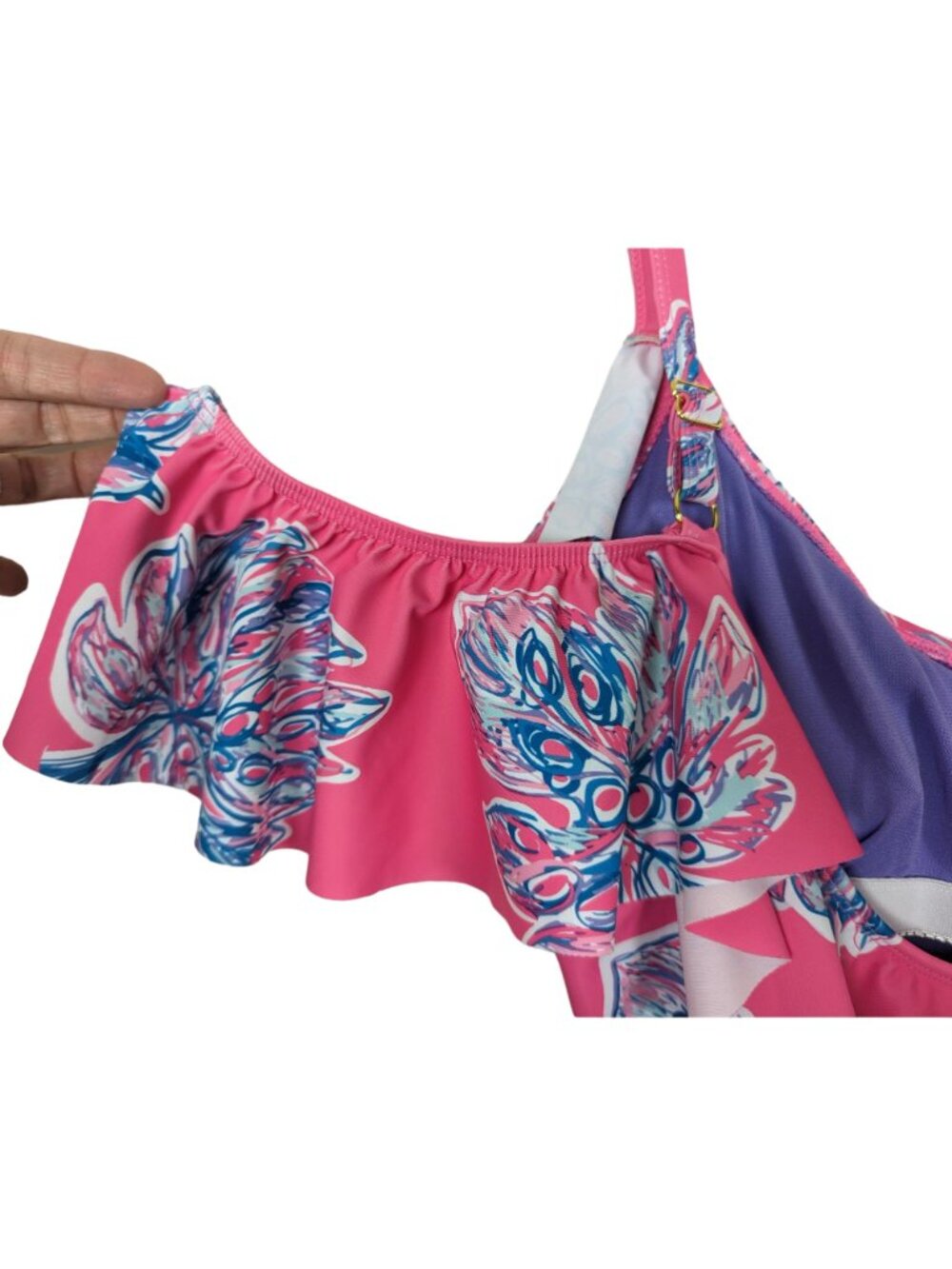 Nicole Miller One piece Leaves print pink blue cold shoulder ruffled Swimsuit S - Picture 7 of 13